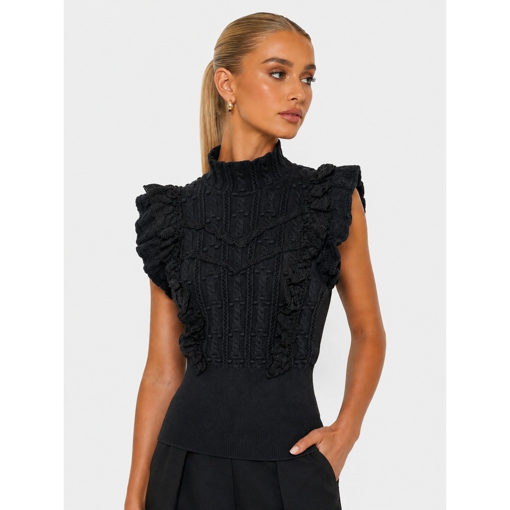 Decjuba Black Cotton Cable Knit Mock Neck Ruffle Cottagecore Sweater Top M